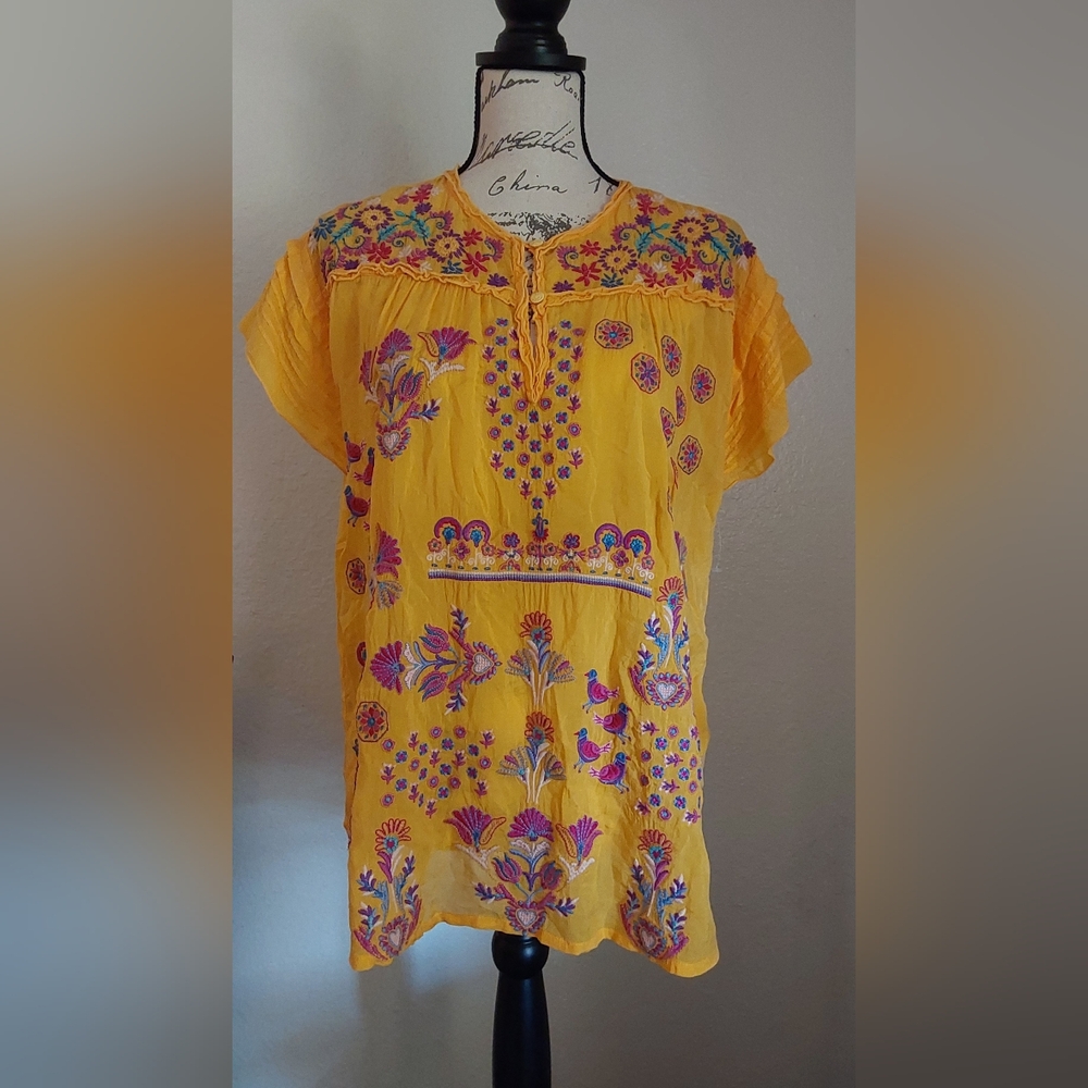NEW JOHNNY WAS LAFARET Yellow Embroidered Blouse, Short Sleeve, size L - Picture 4 of 14